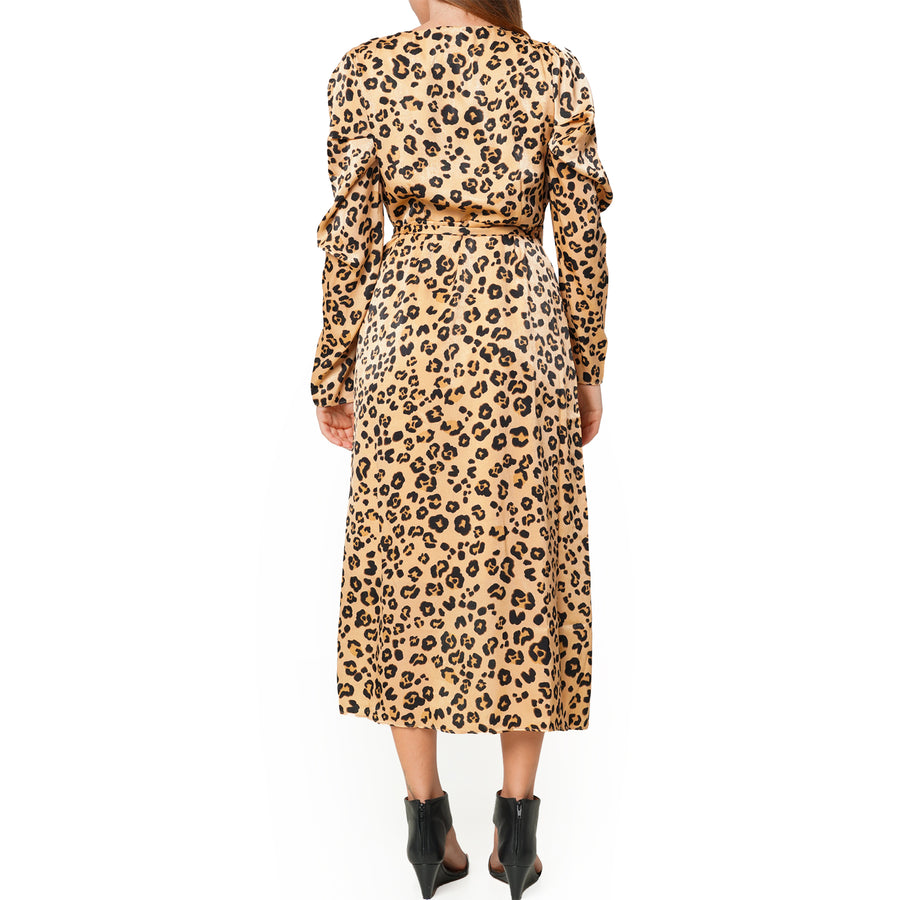 Women's Print Puffy Shoulder Dress in Brown Leopard - L Women's Print Puffy Shoulder Dress in Brown Leopard - L