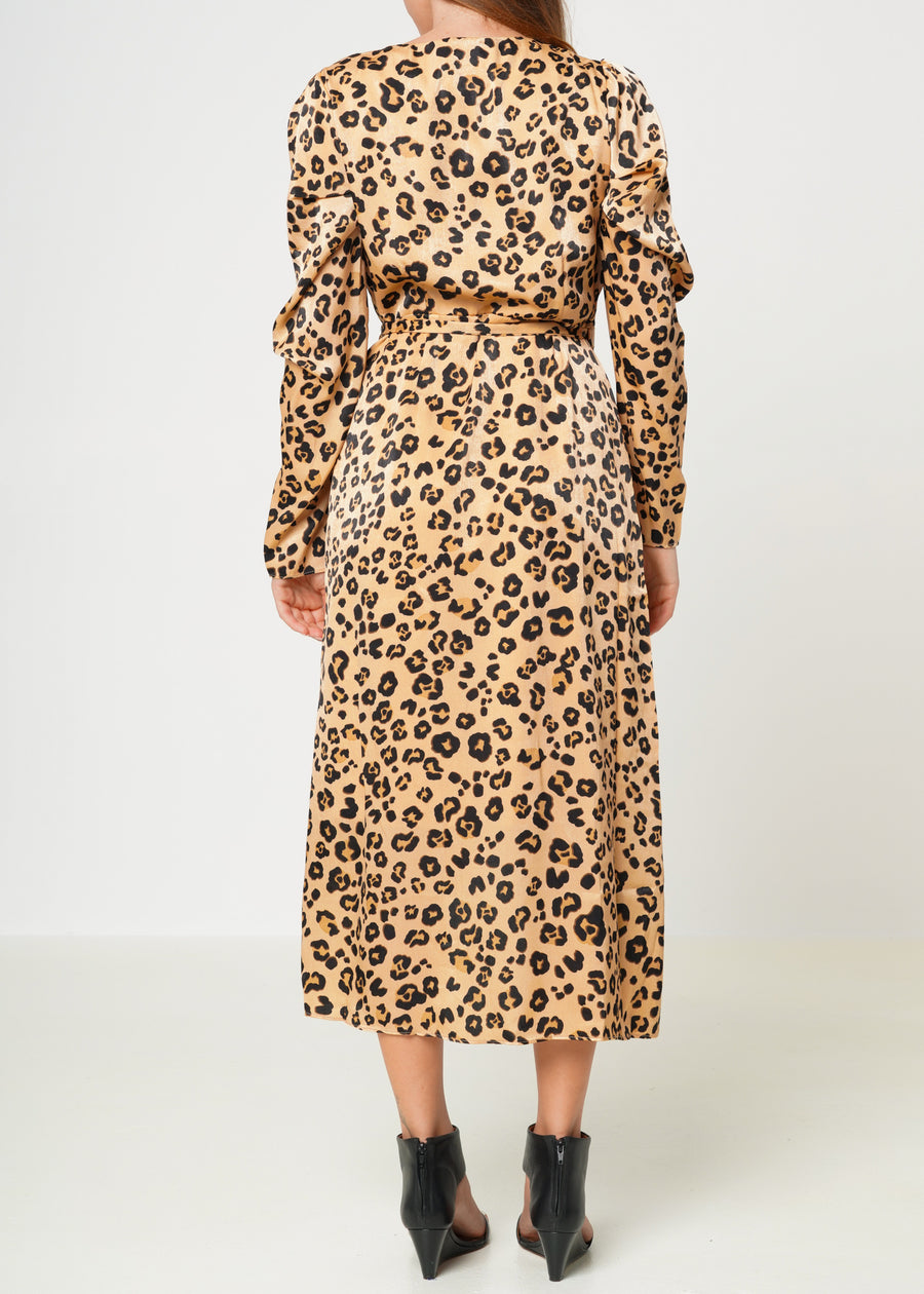 Women's Print Puffy Shoulder Dress in Brown Leopard