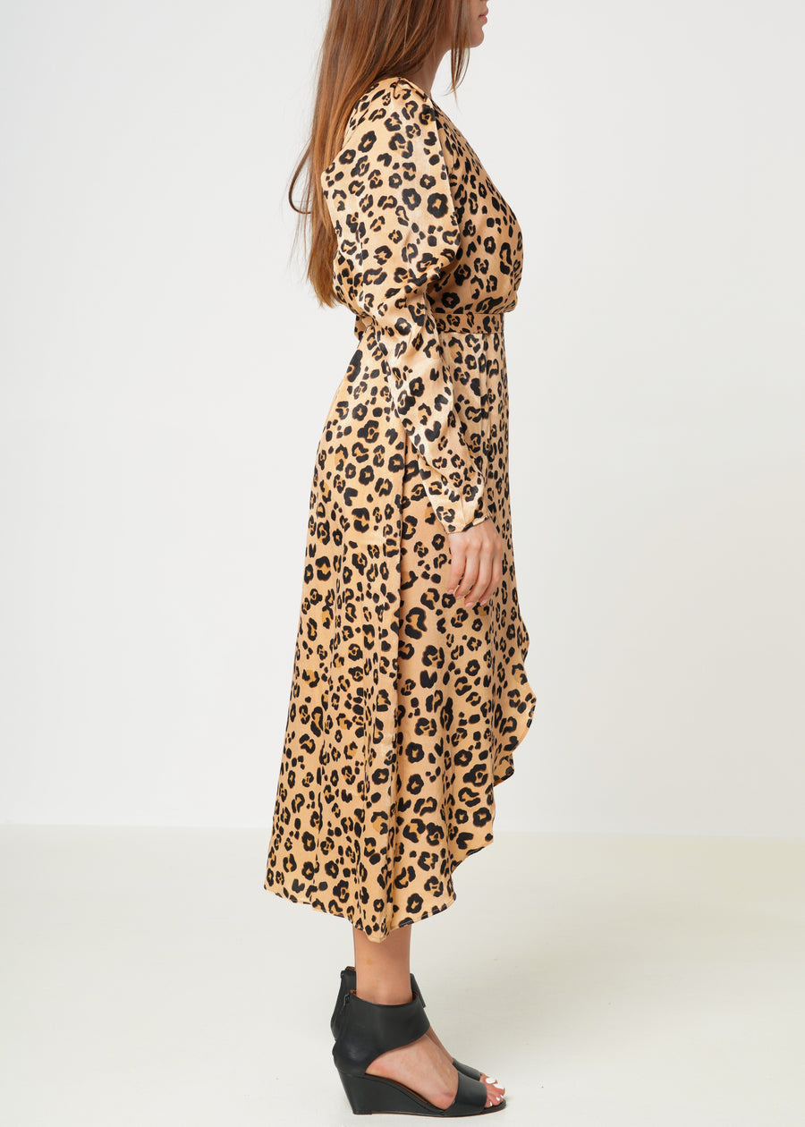 Women's Print Puffy Shoulder Dress in Brown Leopard