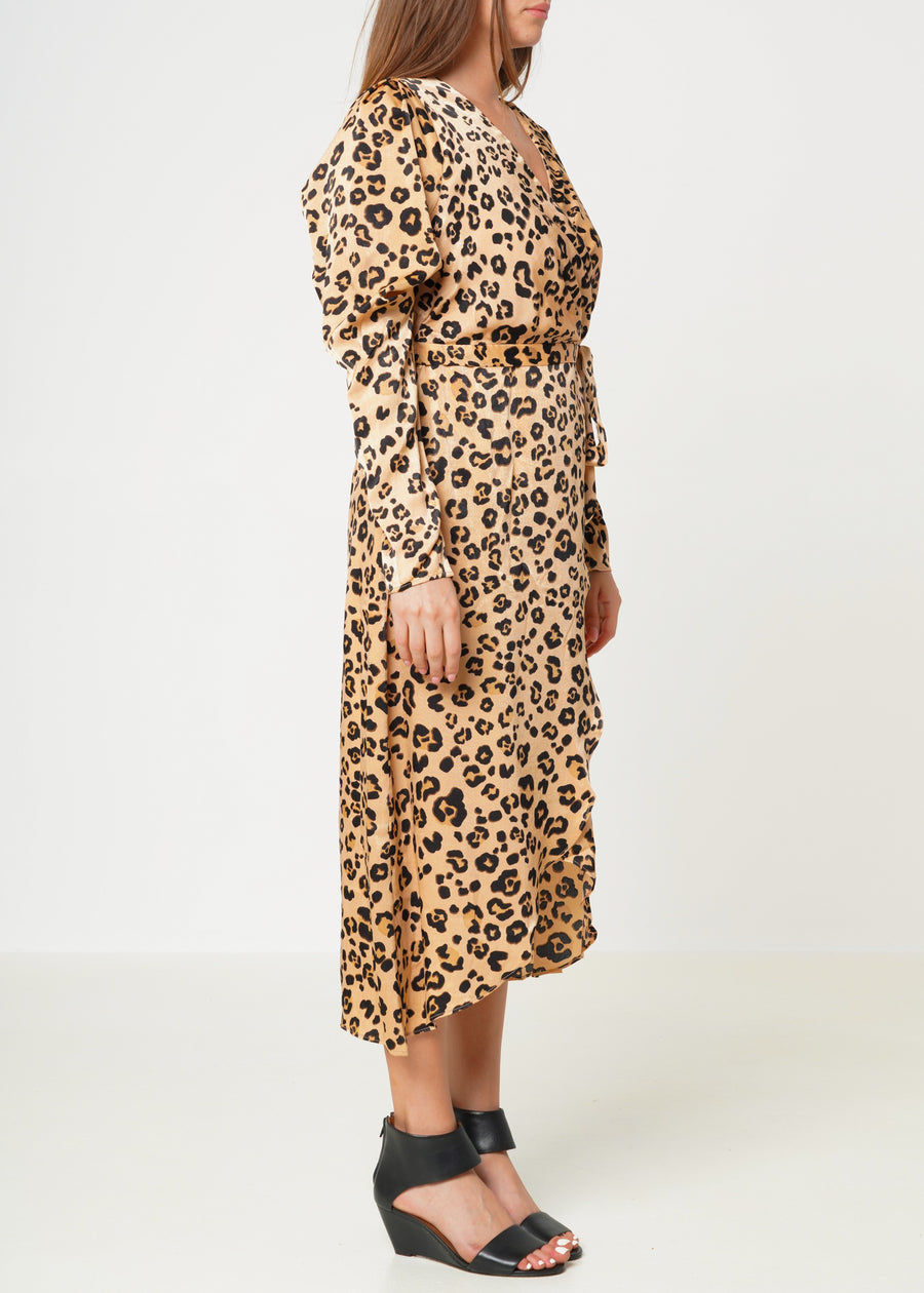 Vestido de Mujer con Hombros Abullonados y Estampado en Leopardo Marrón