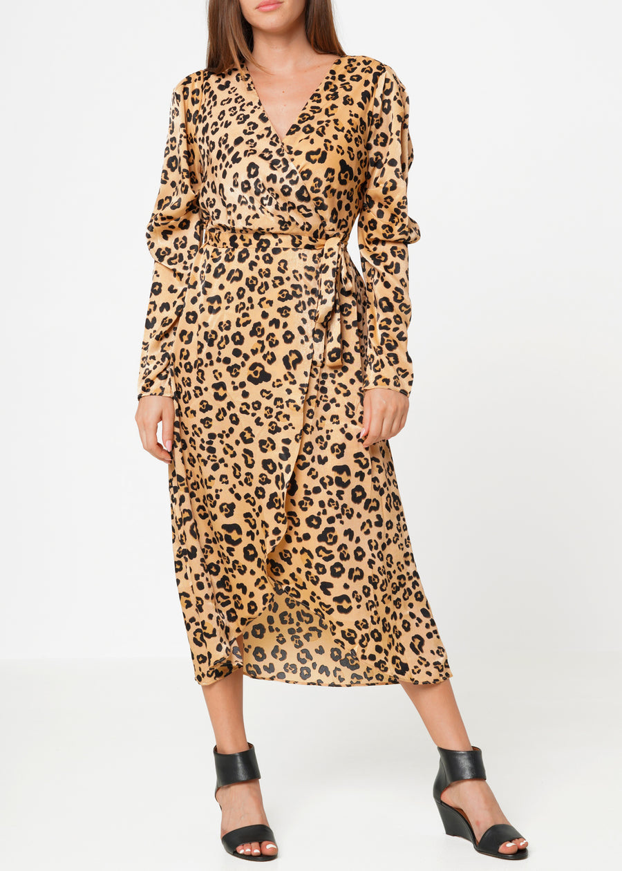 Vestido de Mujer con Hombros Abullonados y Estampado en Leopardo Marrón