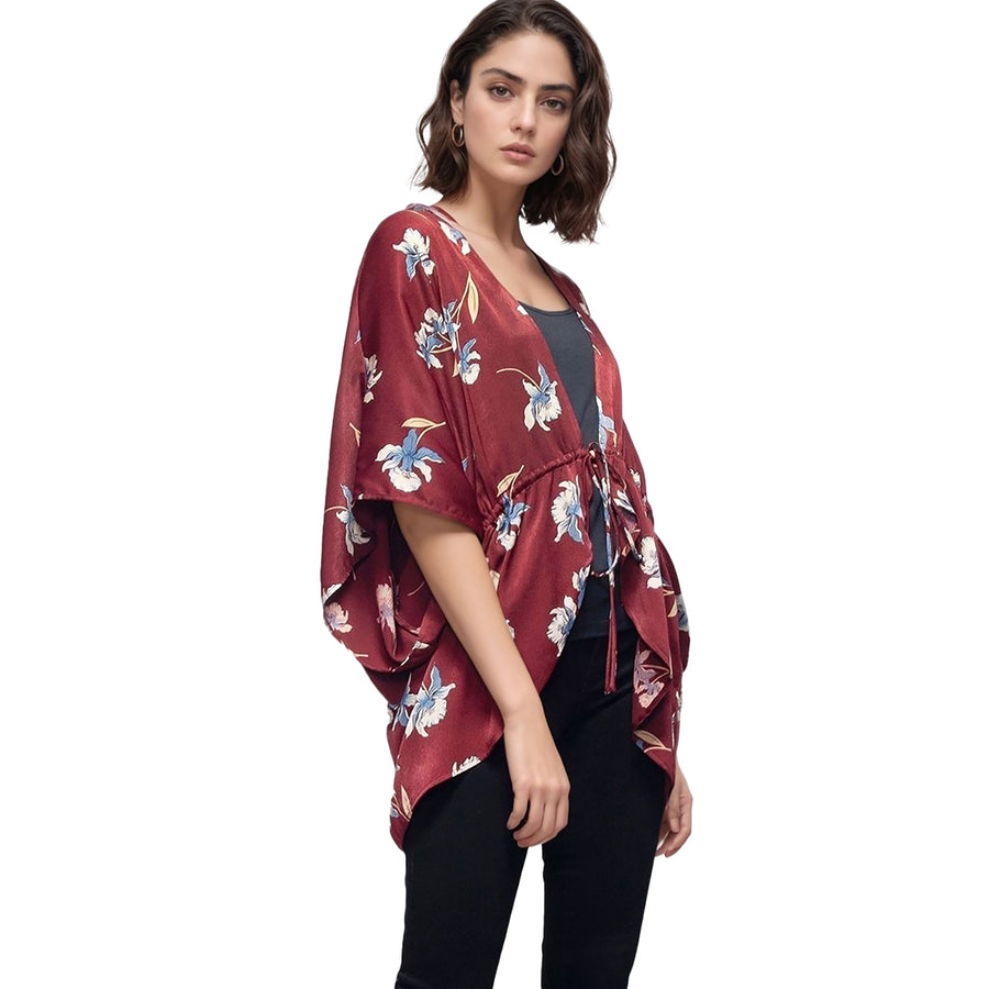 Pleione Women's Self-Tie Front Floral Batwing Kimono Cardigan in Burgundy