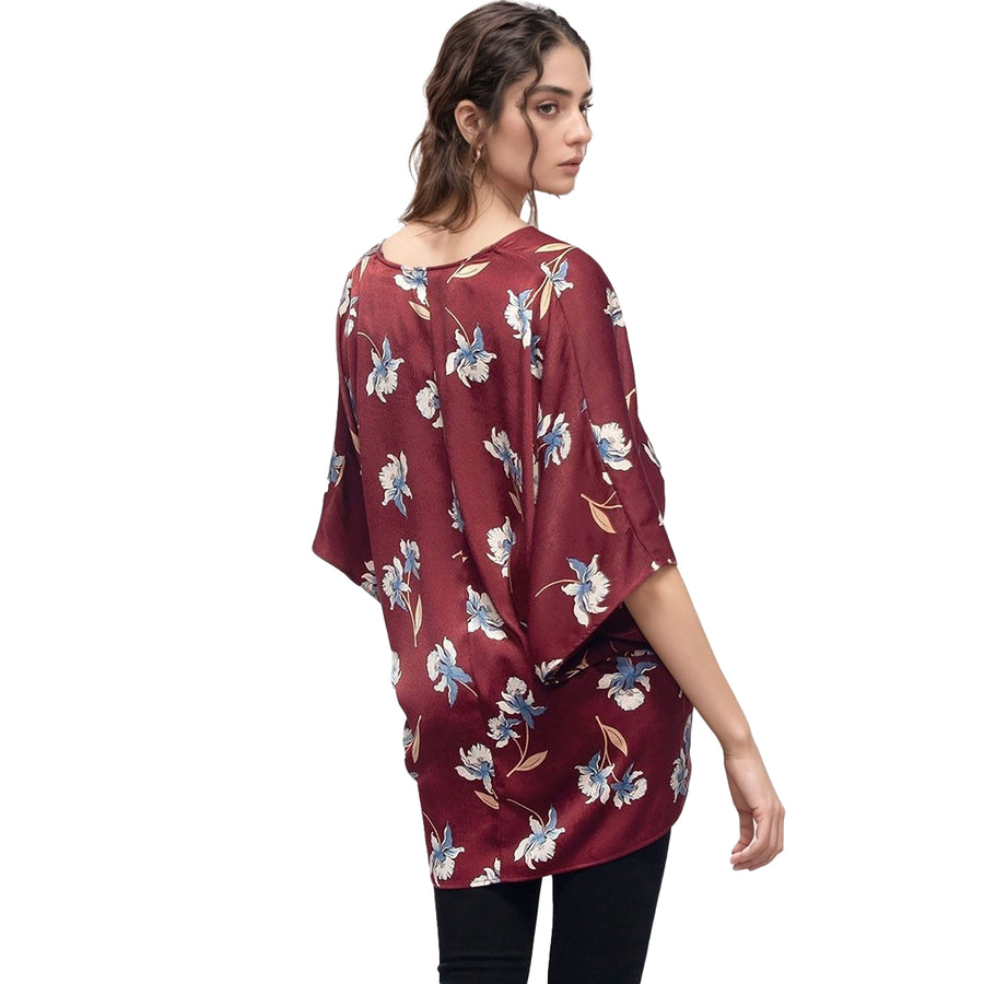 Pleione Women's Self-Tie Front Floral Batwing Kimono Cardigan in Burgundy
