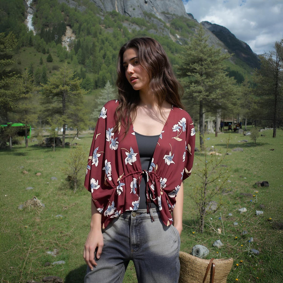 Pleione Women's Floral Batwing Kimono Cardigan in Burgundy - shopatkonus