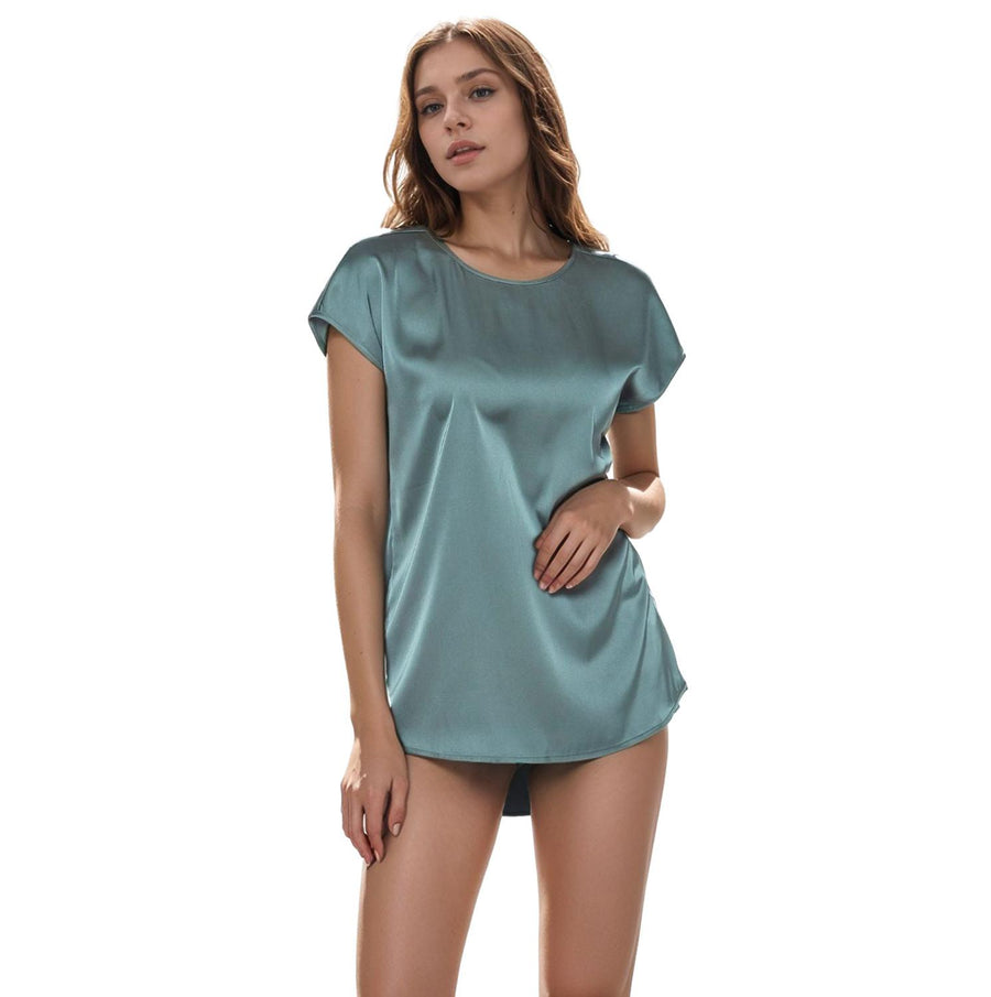 N/A Pleione Women's Satin Short Sleeve Hi-Lo Round Hem Top