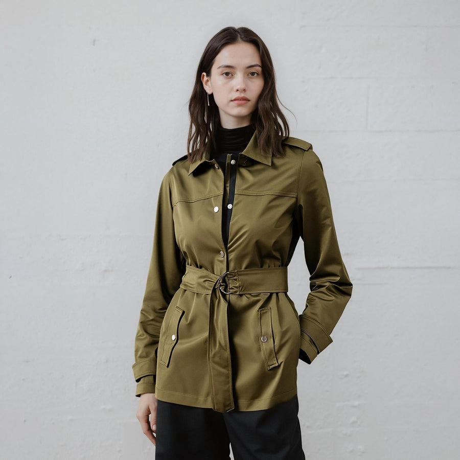 Pleione Women's Olive Windbreaker Belted Collar Jacket in Olive
