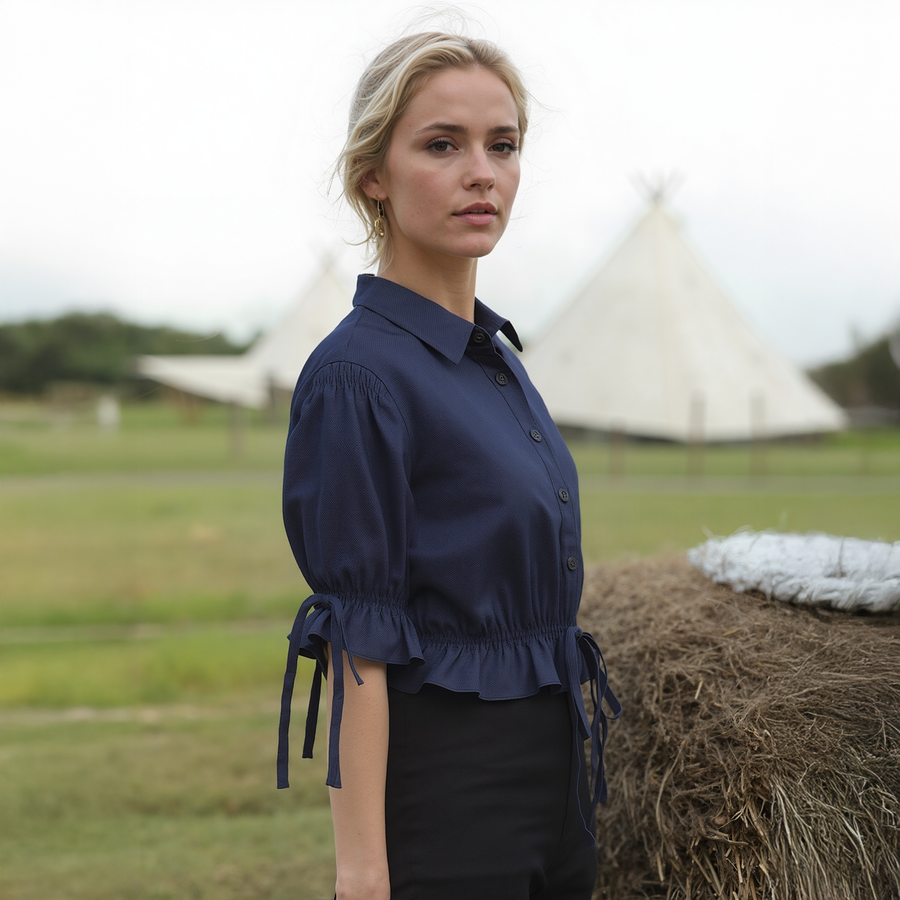 Women's Button Front Tie Hem Blouse in Navy