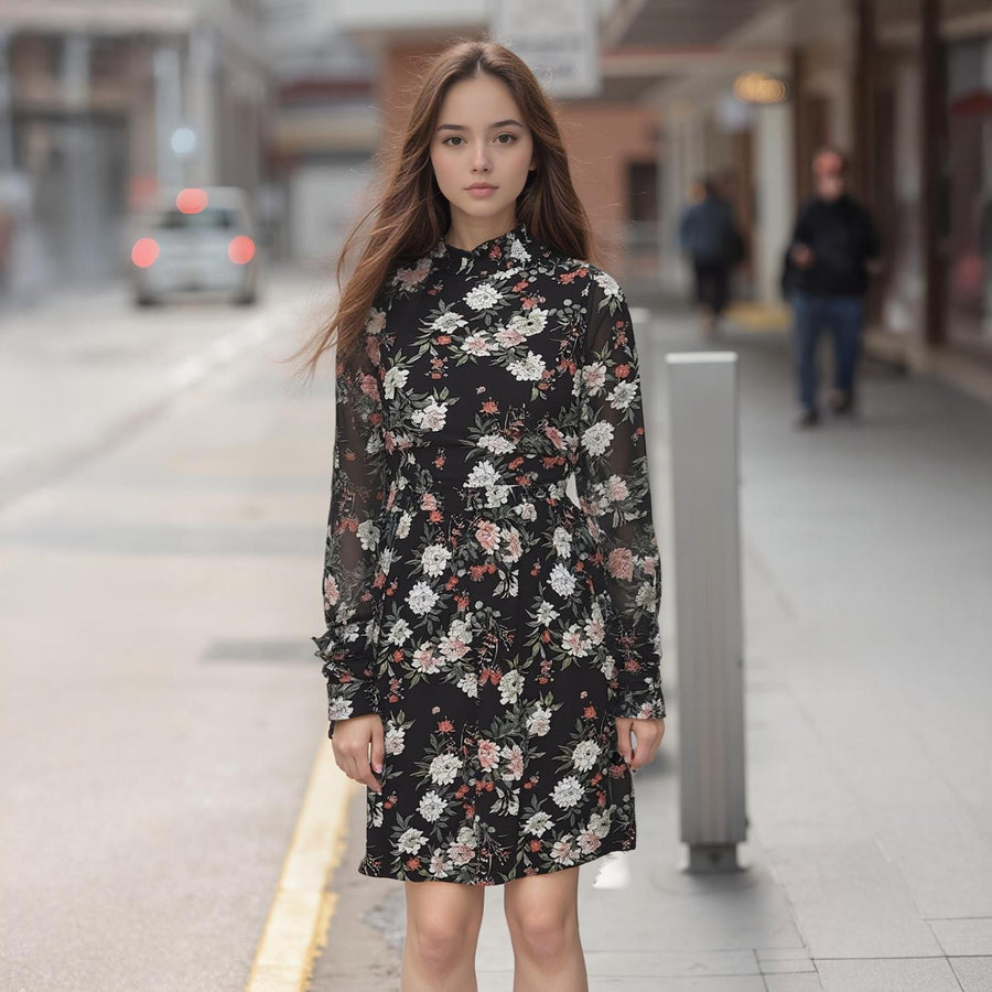 Pleione Floral Smocked Mock Neck Dress in Black - shopatkonus