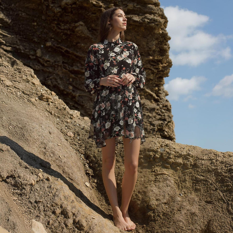 Pleione Floral Smocked Mock Neck Dress in Black - shopatkonus