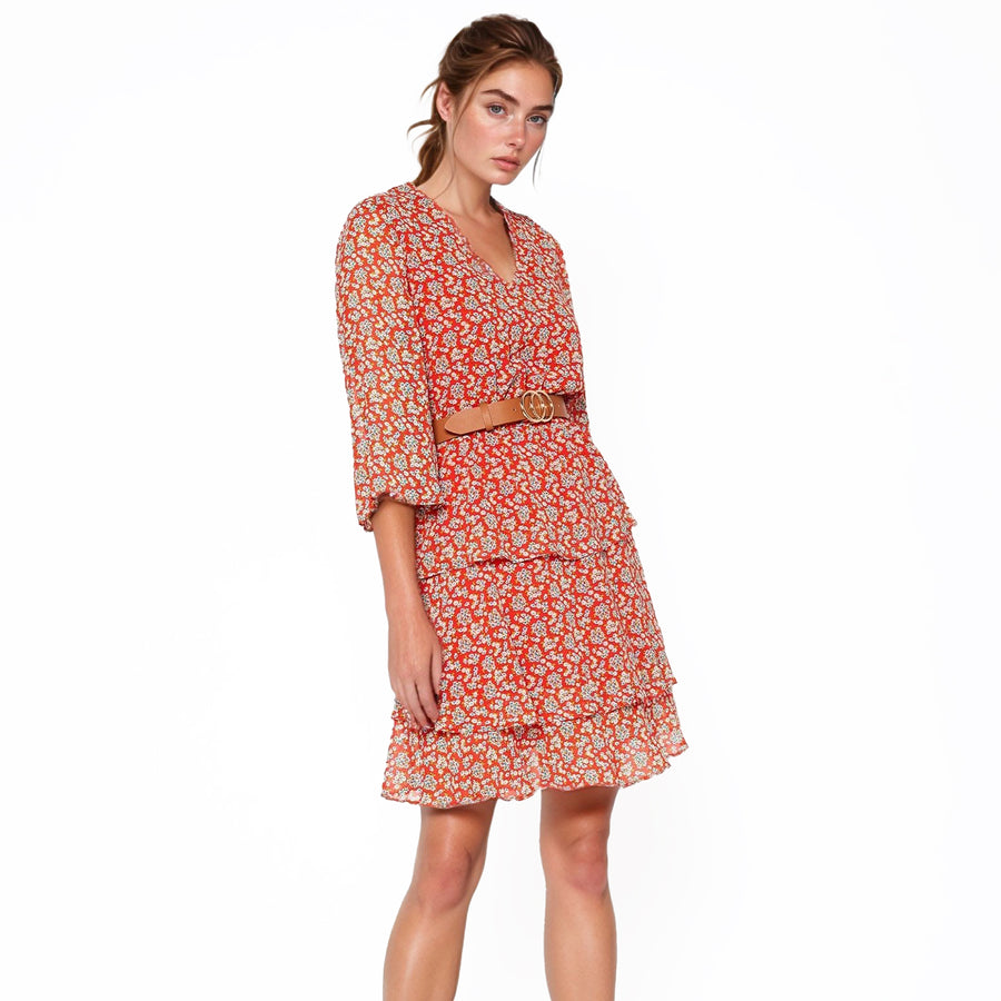 Pleione Floral Layered Ruffle Chiffon Dress In Red