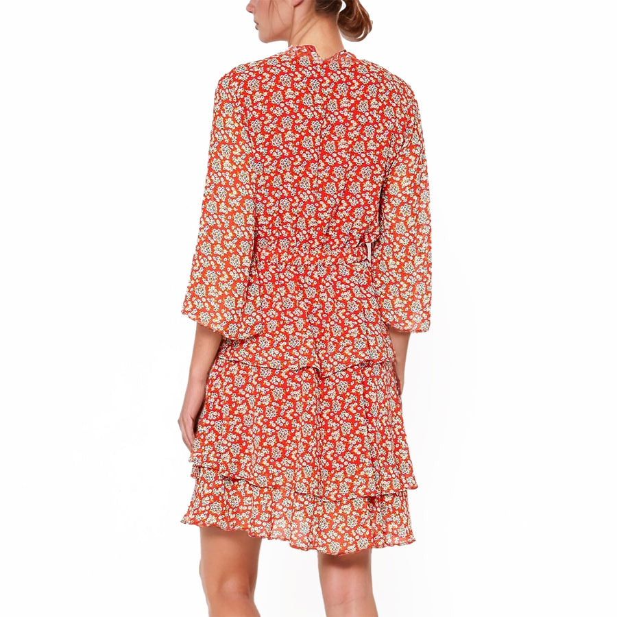 Pleione Floral Layered Ruffle Chiffon Dress In Red