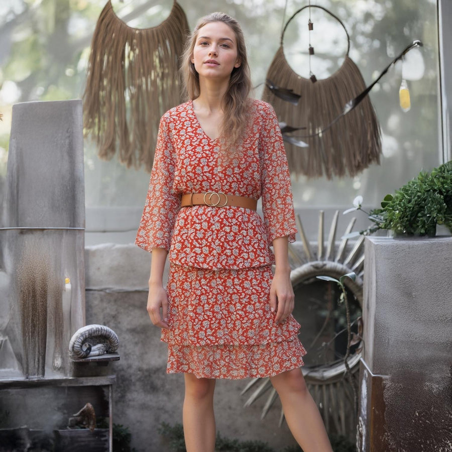 Pleione Floral Layered Ruffle Chiffon Dress In Red