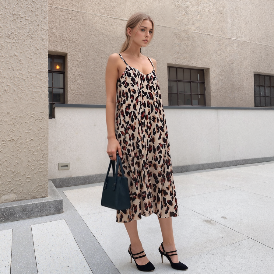 Women's Pleated Cami Dress in Leopard Sketch