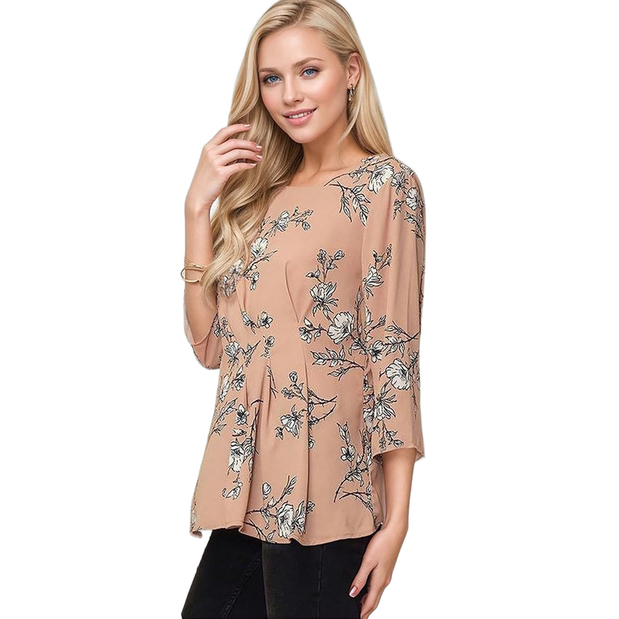 Pleione Women's 3/4 Sleeve Pleated Blouse Top