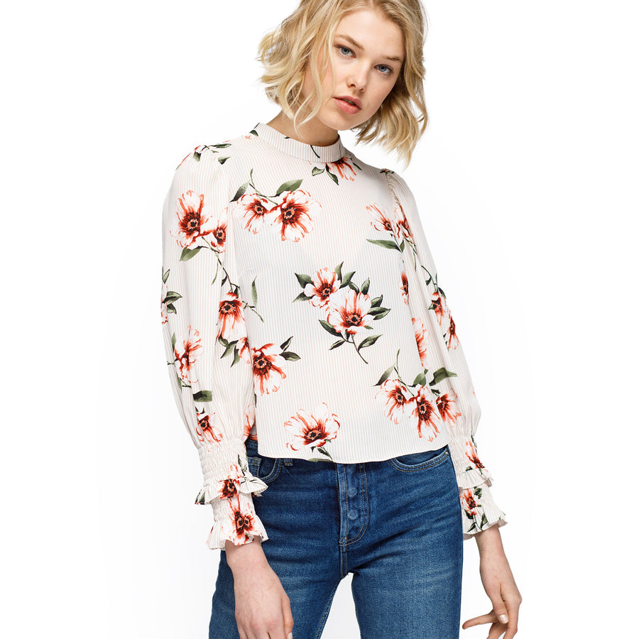 Women's Rust Flower Mockneck Smocked Sleeve Blouse In Taupe