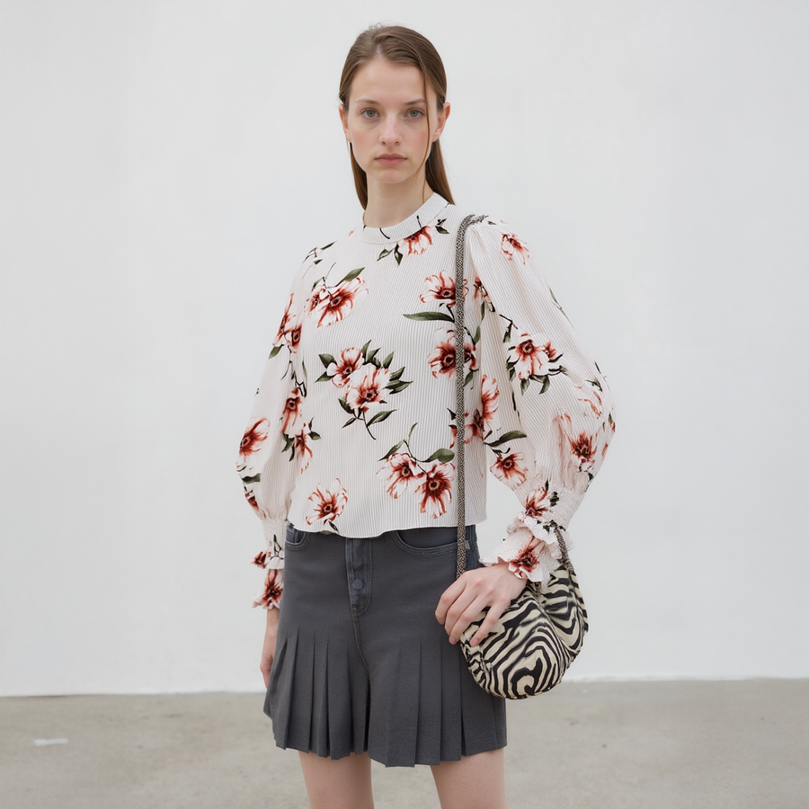 Women's Rust Flower Mockneck Smocked Sleeve Blouse In Taupe