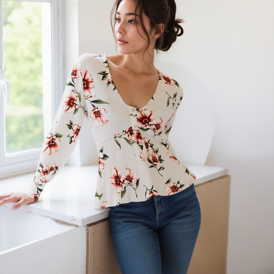 Women's Rust Flower Empire Waist Peplum Blouse In Taupe