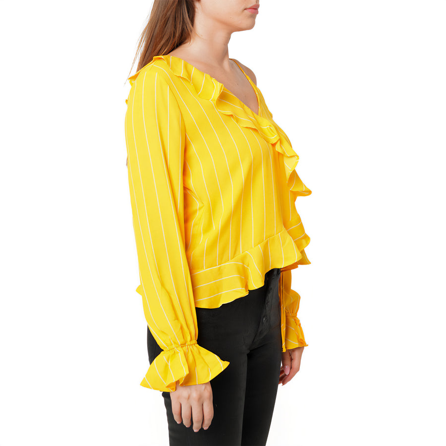 Women's Asymmetrical Shoulder Ruffle Blouse in Yellow