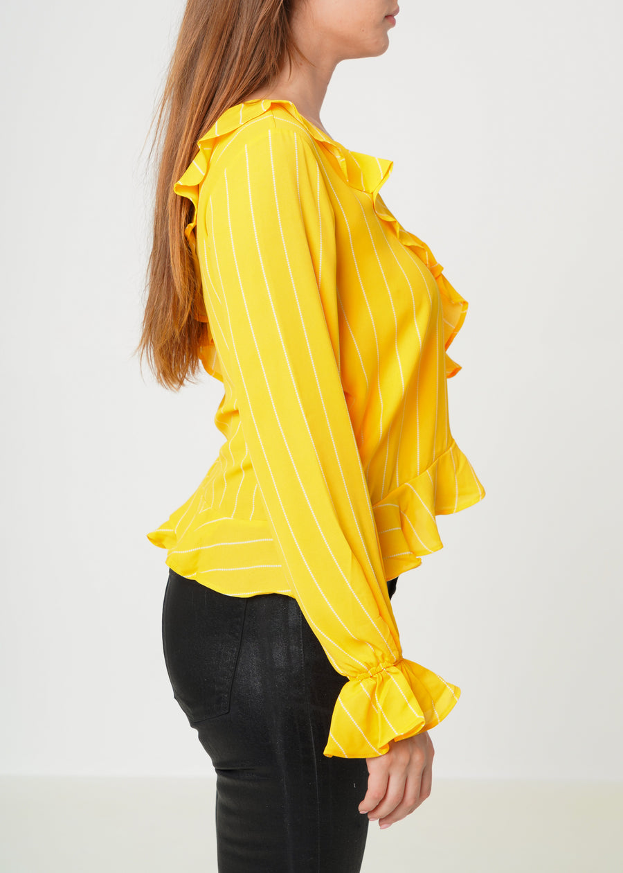 Blusa con volantes y hombros asimétricos para mujer en amarillo