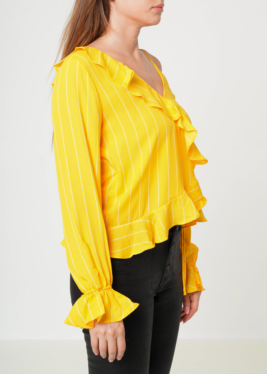 Women's Asymmetrical Shoulder Ruffle Blouse in Yellow