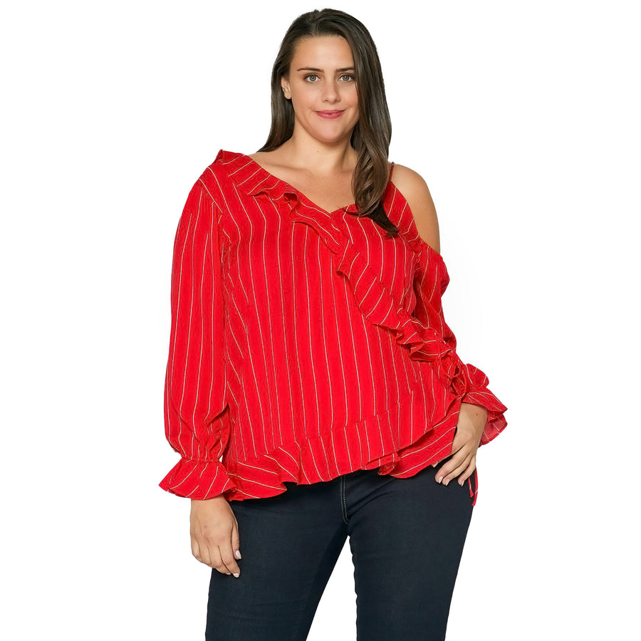 Women's Plus Size Asymmetrical Shoulder Ruffle Blouse