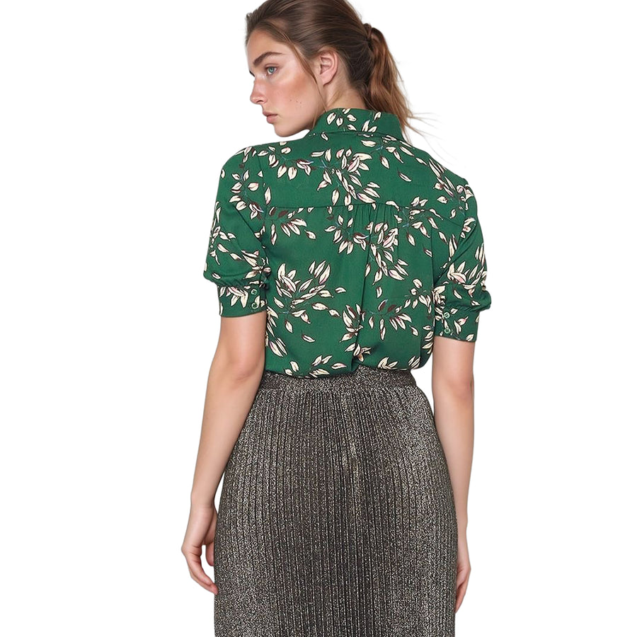Pleione Button Up Short Sleeve Cuffed Blouse In Green Forest