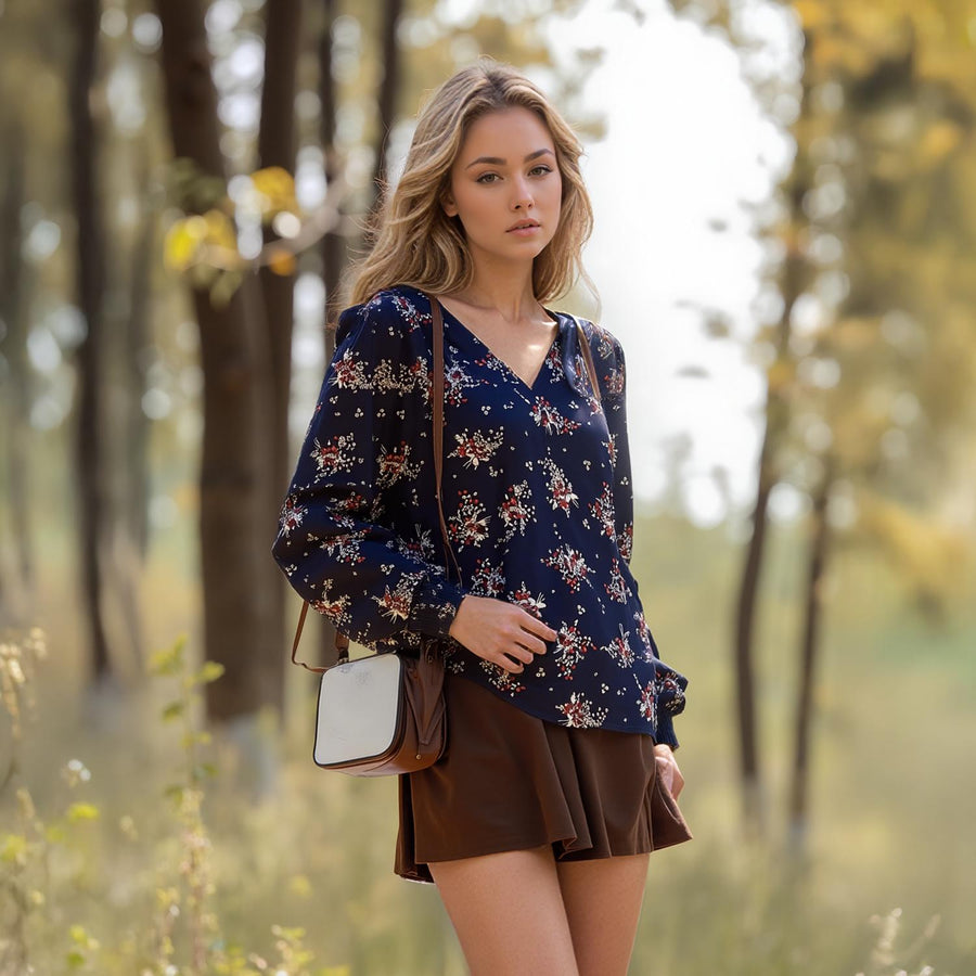 Pleione Printed V-Neck Smock Wrist Blouse in Navy Floral - shopatkonus