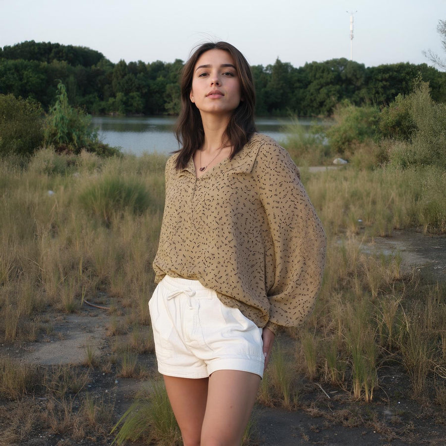 Pleione Printed V-Neck Smock Wrist Blouse in Olive - shopatkonus