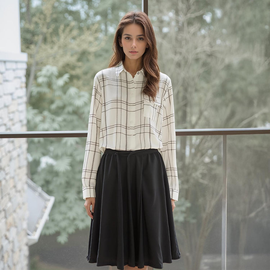 Pleione Printed Low Back Button Shirt in White - shopatkonus