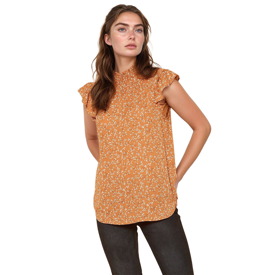 Pleione Women's Sleeveless Smocked Neck Top In Brown Ivory