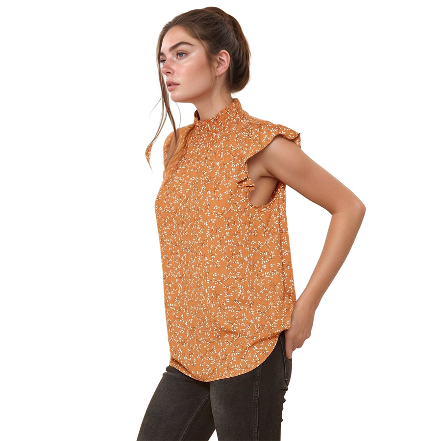 Pleione Women's Sleeveless Smocked Neck Top In Brown Ivory