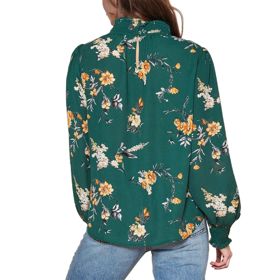 Pleione Women's Smocked Neck Top in Floral Green