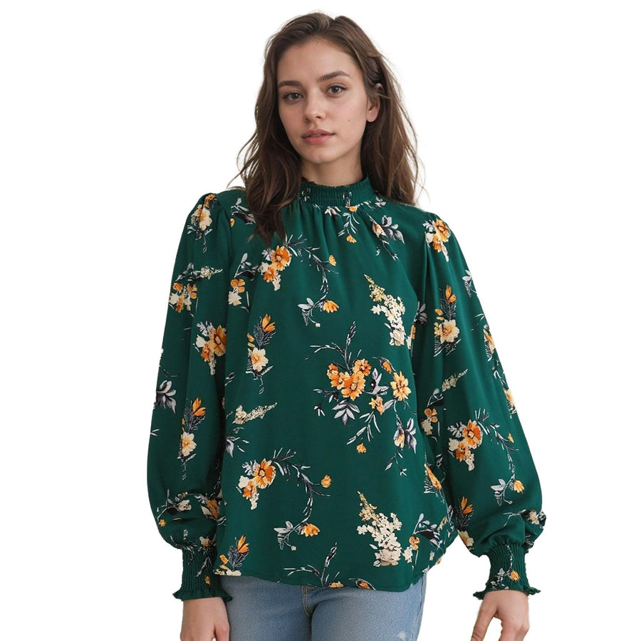Pleione Women's Smocked Neck Top in Floral Green