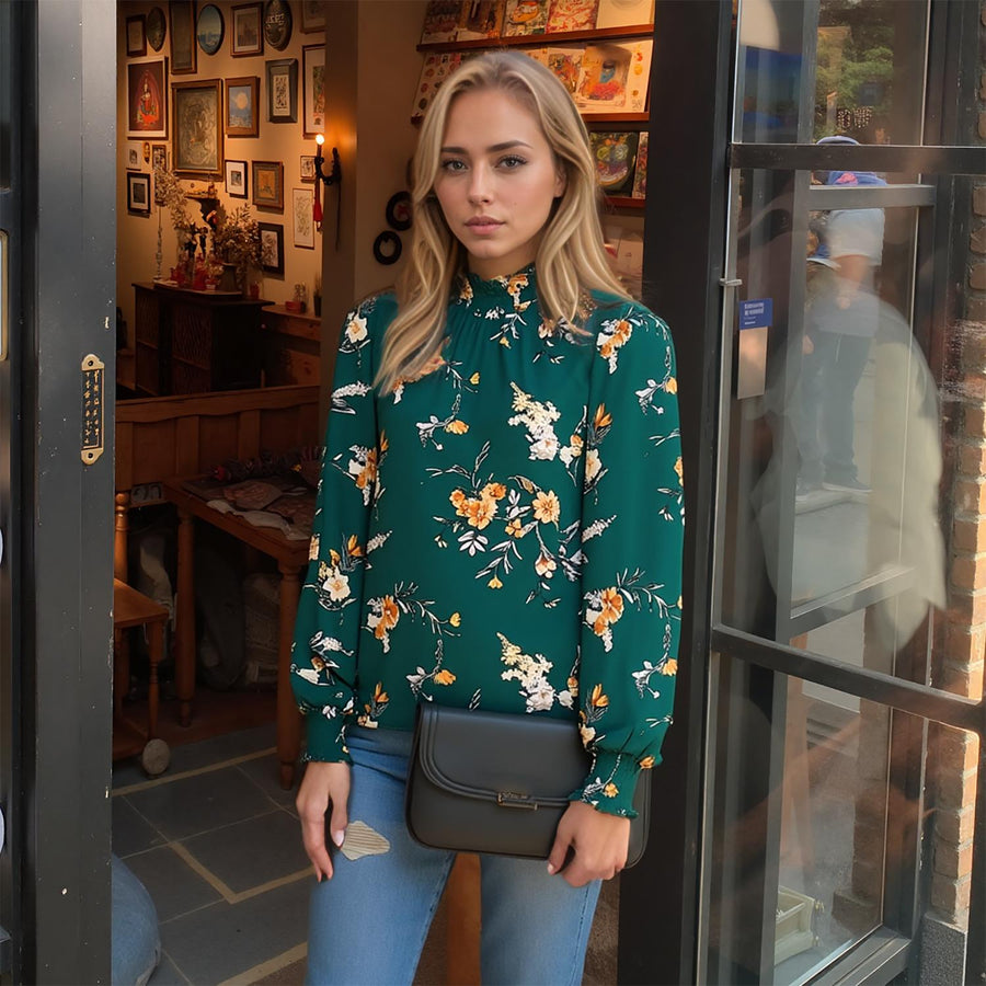 Pleione Women's Smocked Neck Top in Floral Green - shopatkonus