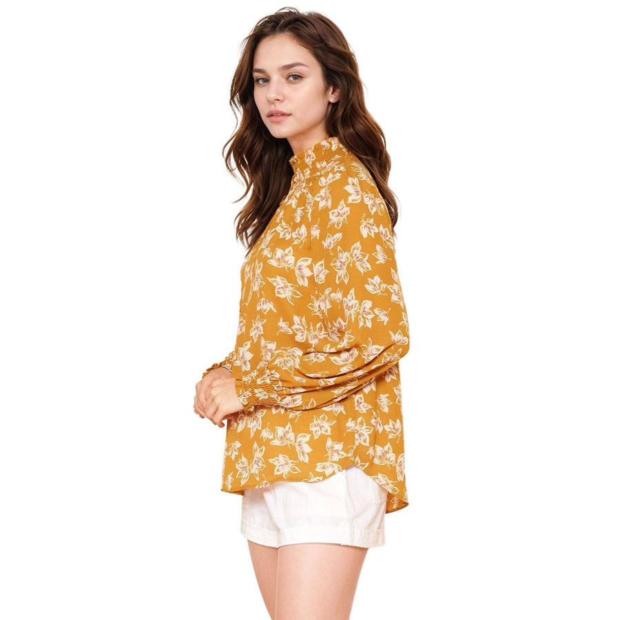 Pleione Women's Smocked Neck Top in Floral Mustard