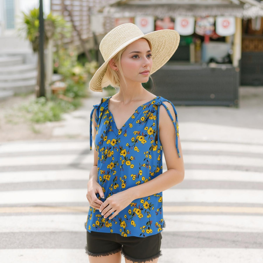 Pleione Women's Tie Shoulder V-Neck Top - shopatkonus