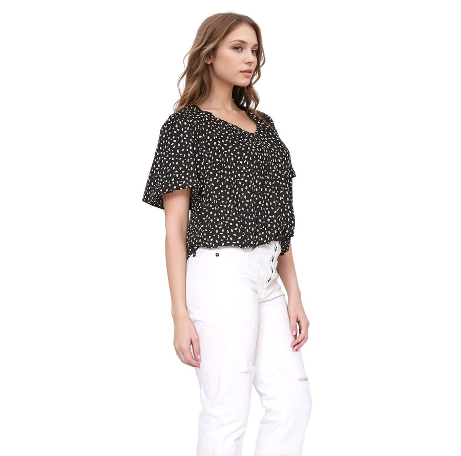 Pleione V-Neck Short Sleeve Bubble Hem Top in Black