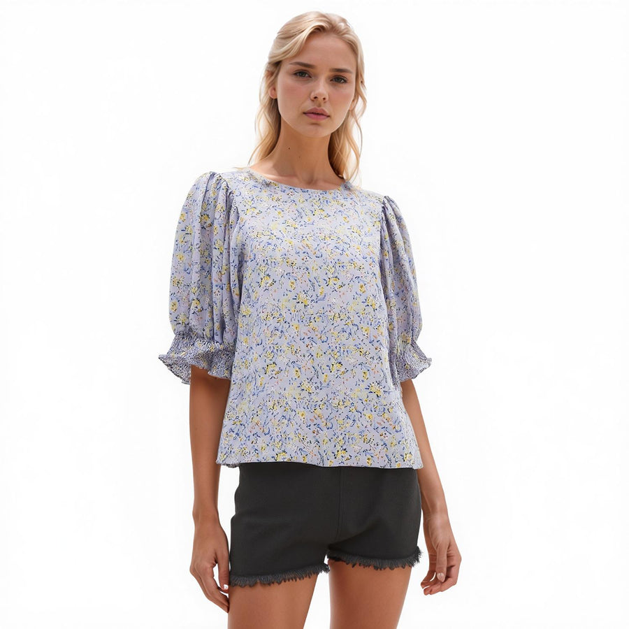 Pleione Ruched Round Neck Blouse - shopatkonus