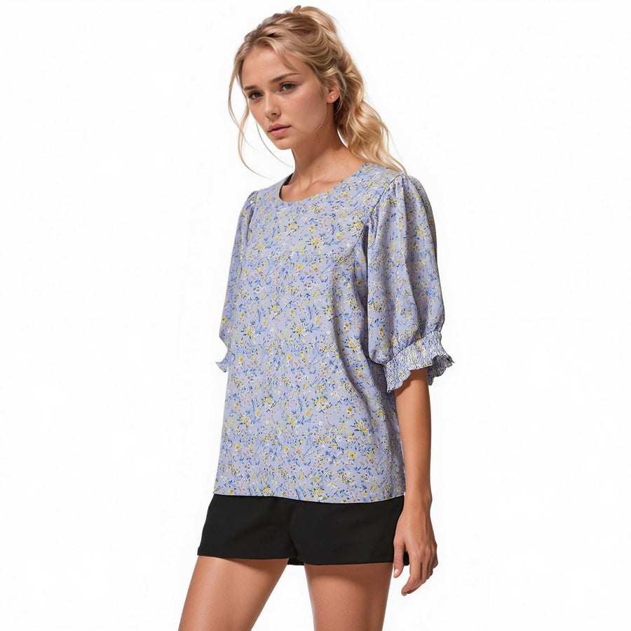 Pleione Ruched Round Neck Blouse - shopatkonus