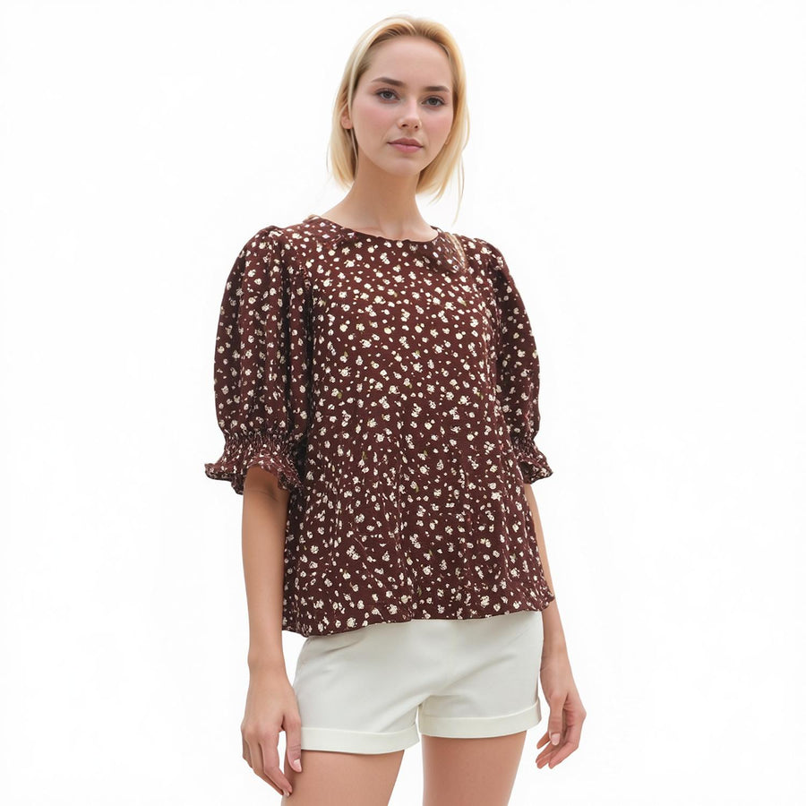 Pleione Ruched Round Neck Blouse - shopatkonus