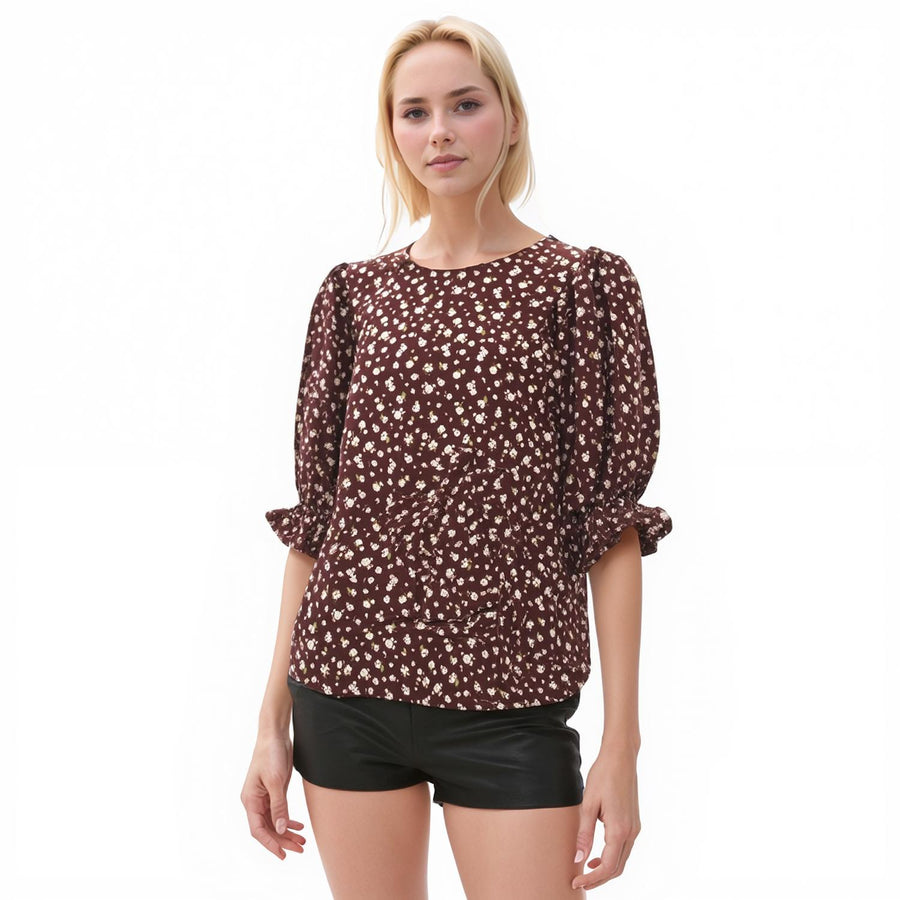 Pleione Ruched Round Neck Blouse - shopatkonus