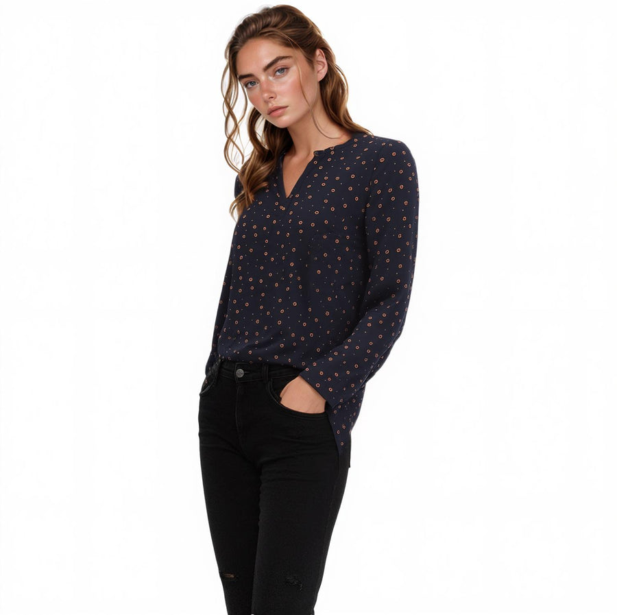 Pleione Women's Hi-Low Pleated Back Tunic In Black Dot - shopatkonus