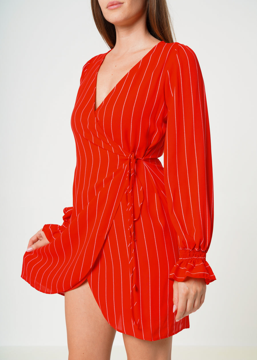 Women's Smocked Bell Sleeve Wrap Dress in Red