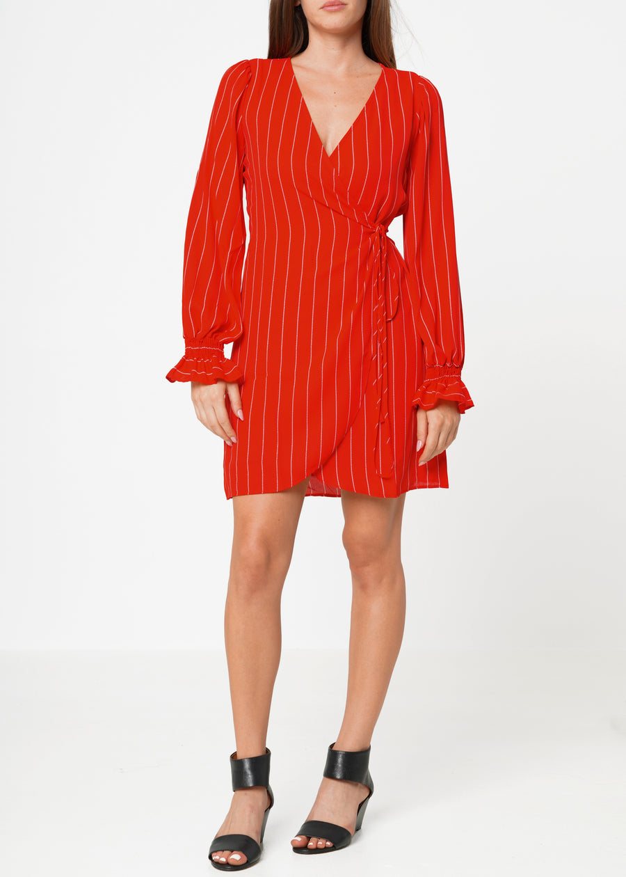 Women's Smocked Bell Sleeve Wrap Dress in Red