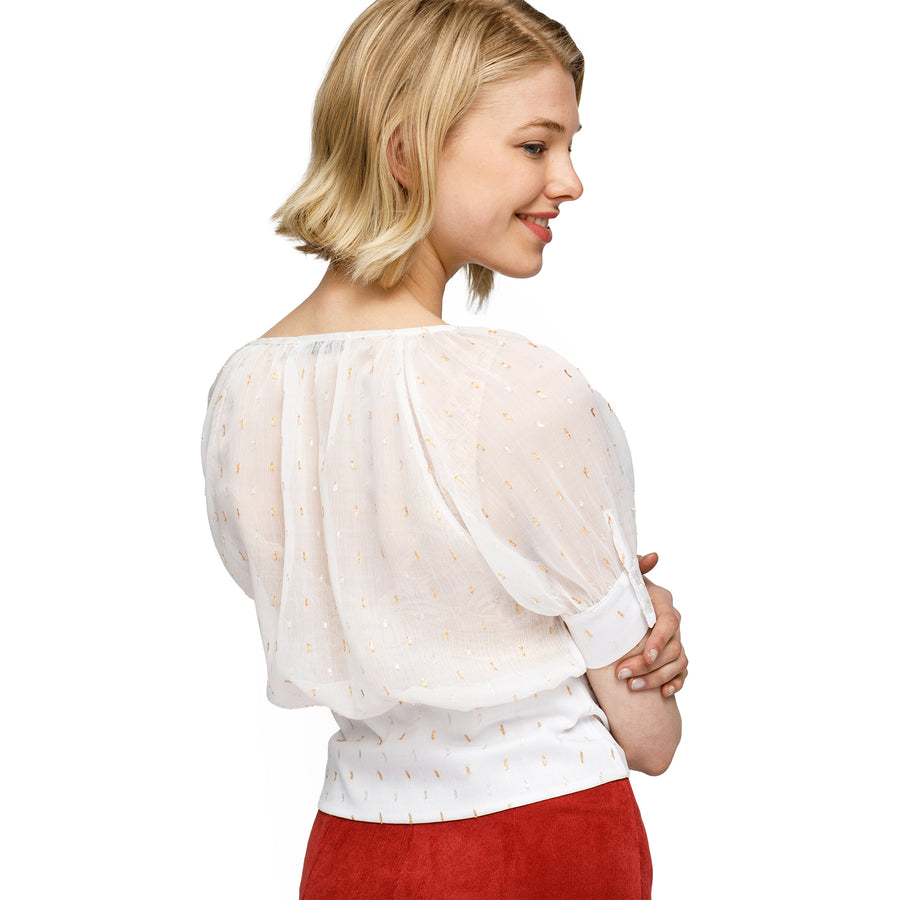 Women's Sheer Puff Shoulder Crop Top Blouse In White
