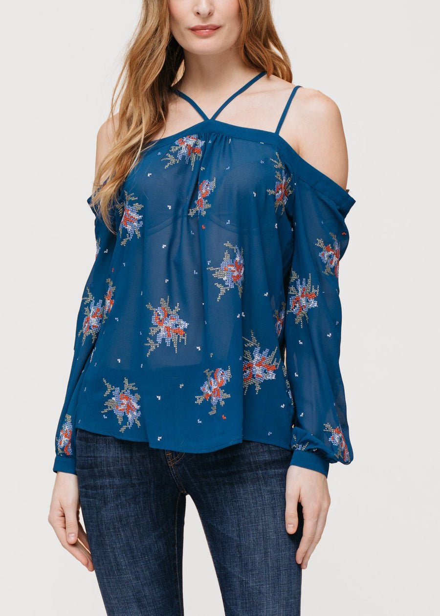 Off Shoulder Embroidery Print Blouse in Teal