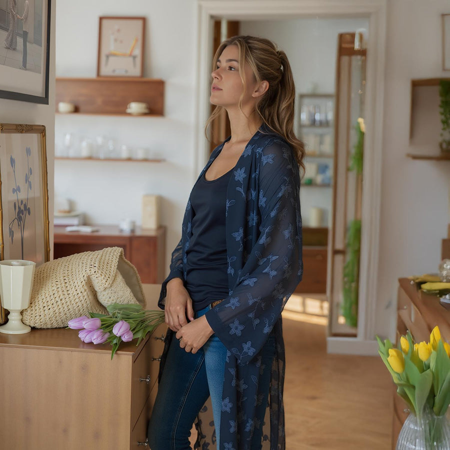 Pleione Women's Sheer Floral Embossed Robe Cardigan in Navy - shopatkonus