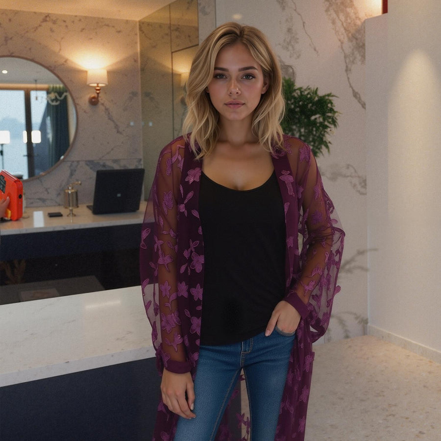 Pleione Women's Sheer Floral Embossed Robe Cardigan in Wine - shopatkonus