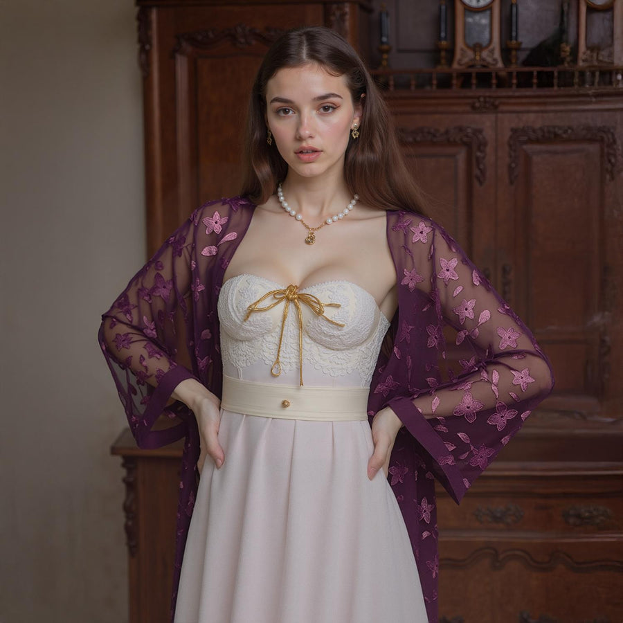 Pleione Women's Sheer Floral Embossed Robe Cardigan in Wine - shopatkonus