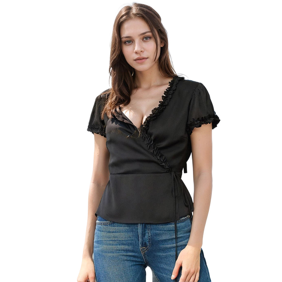 Women's Ruffle Trim Wrap Blouse In Black